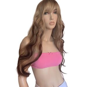 Long 26" Blonde & Brown Synthetic Wig with Bangs Streak Highlights Everyday NIP
